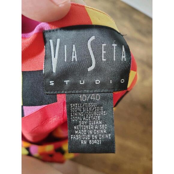 Via Seta 100% Silk Top Retro Cantaloupe Checkered Orange Pink Sleeveless Blouse - Picture 3 of 6